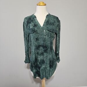 New Directions Green Tie Dye Sequin Embroidered Tunic Top Size M